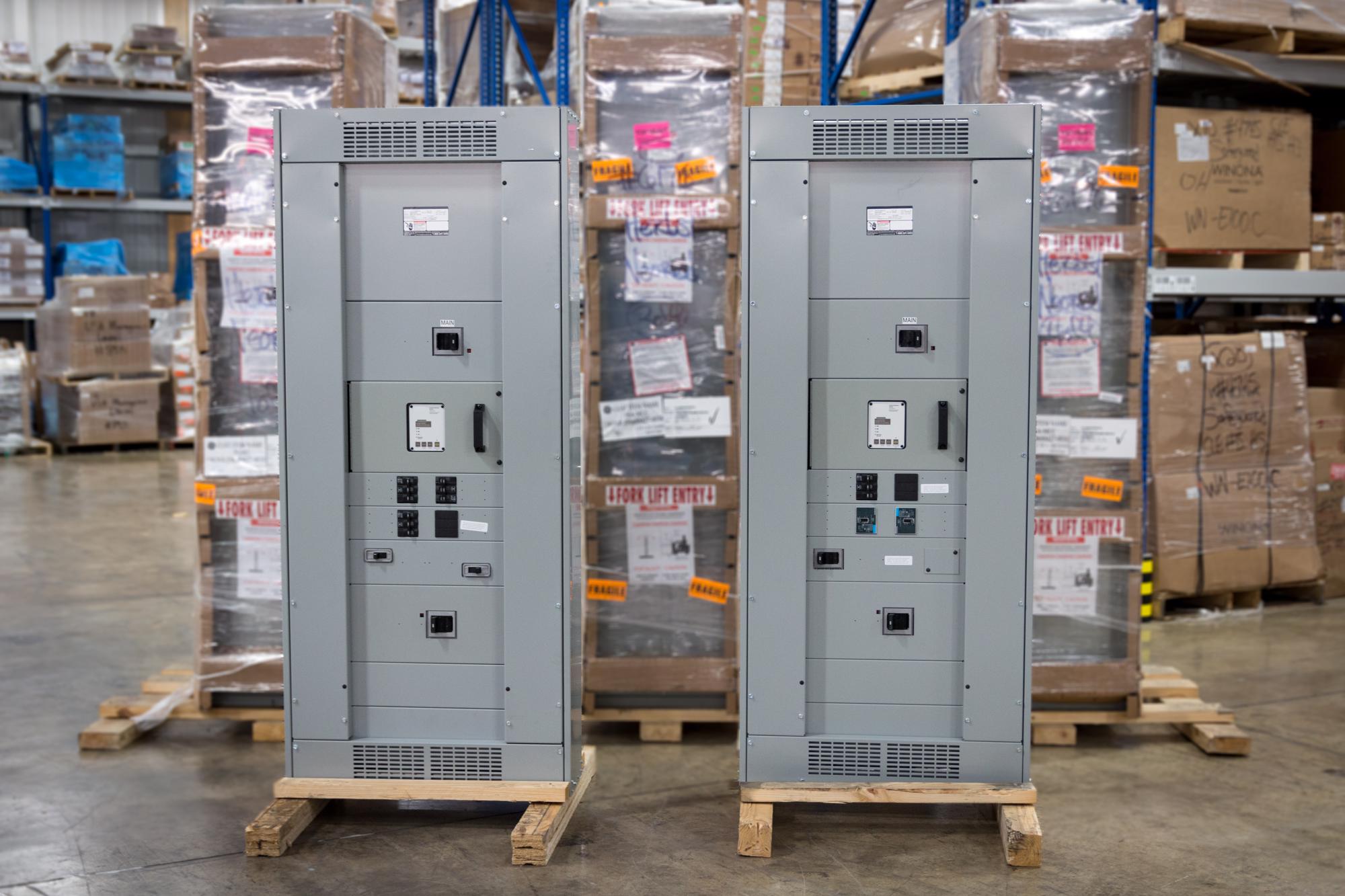 Large Power Distribution units stored in the Mars Electric warehouse