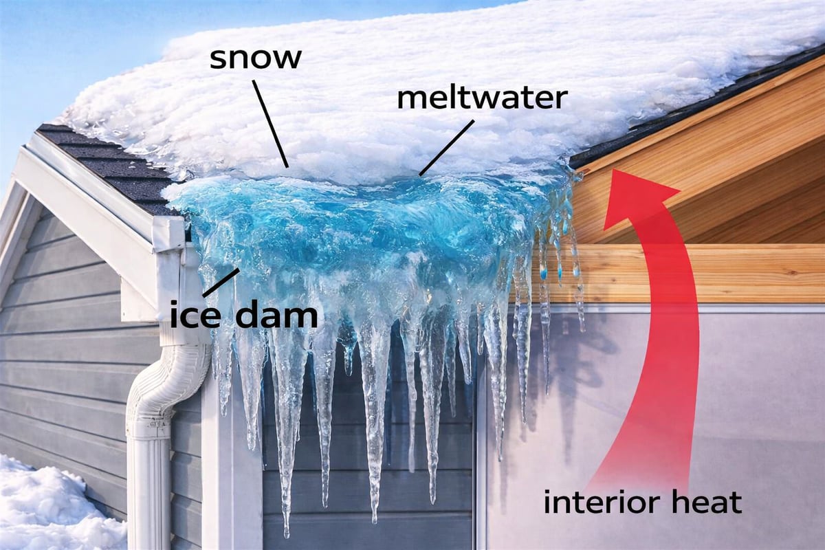 Ice dam and icicles on roof